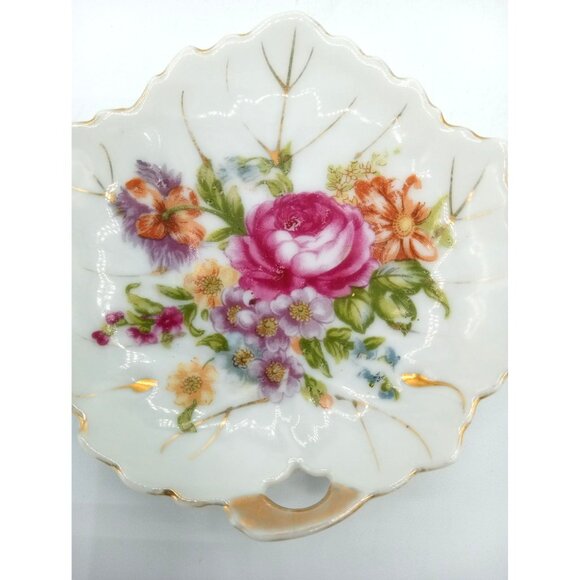 Trinket Tray Floral Leaf-Shaped Porcelain Dish Nasco Gold Trim Vintage 4" Japan - Picture 4 of 11